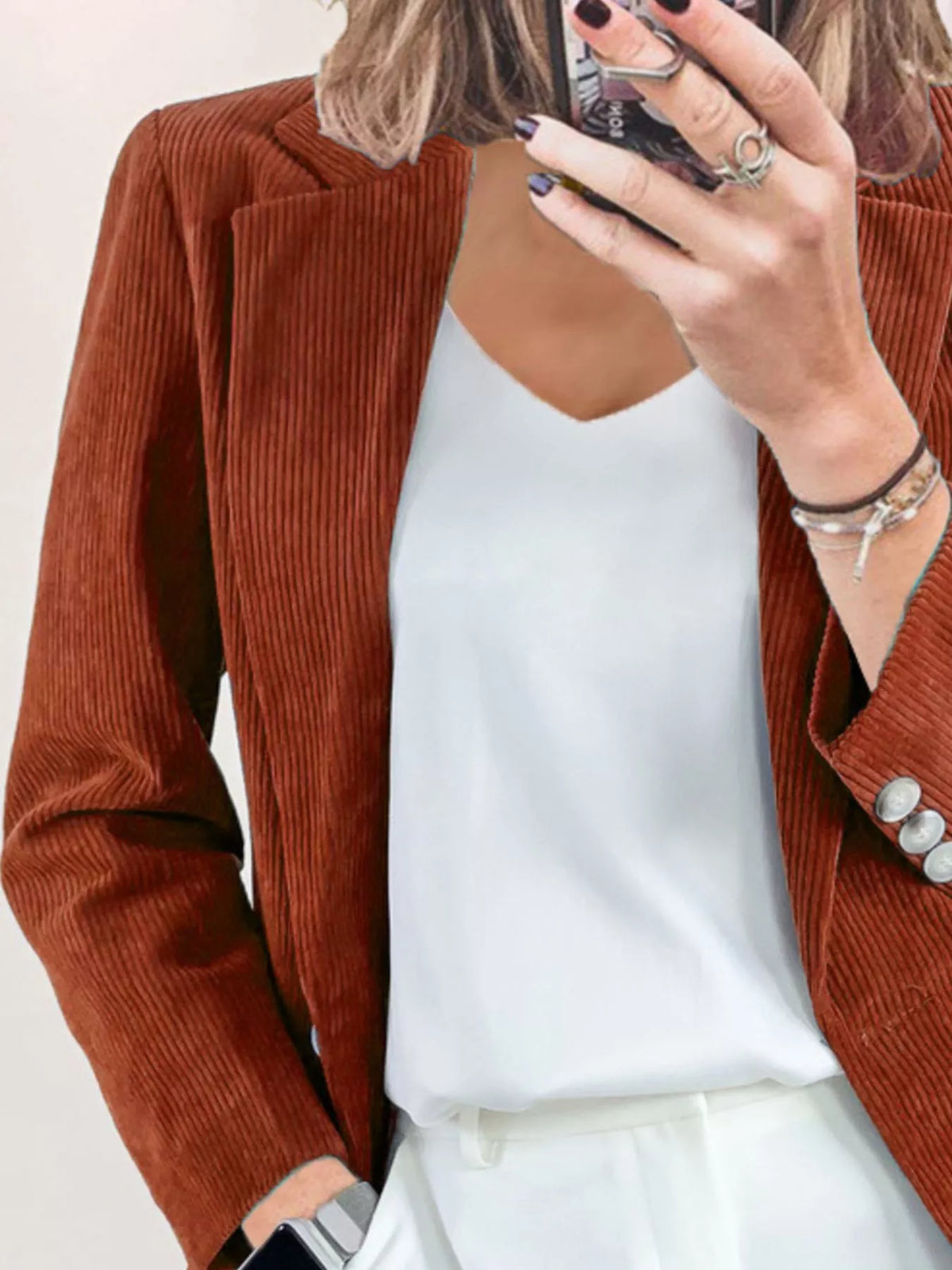 Corduroy Lapel Collar Casual Blazer - Caramel - View 8