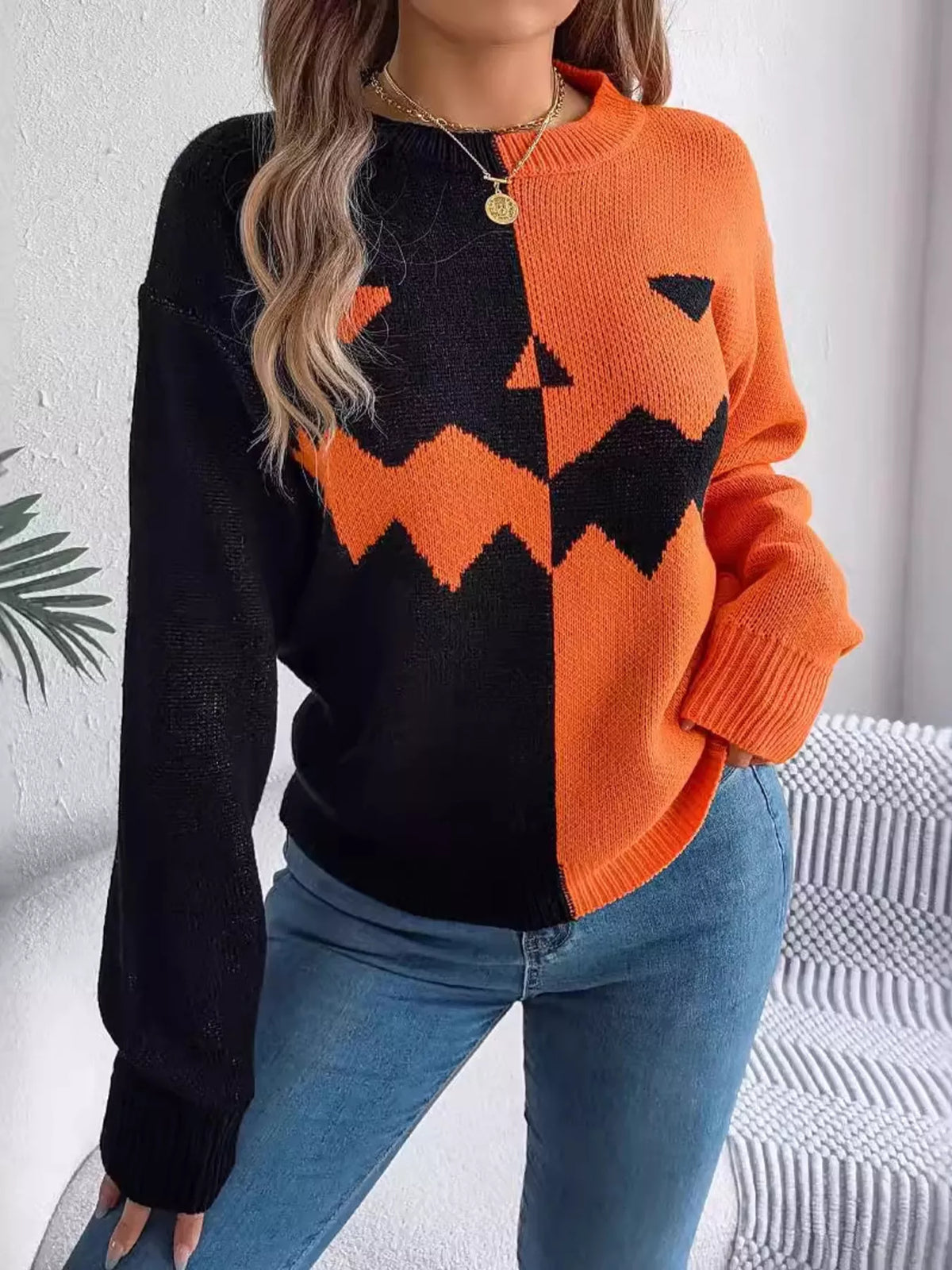 Pumpkin Face Graphic Two Tone Sweater - All Colors - View 1