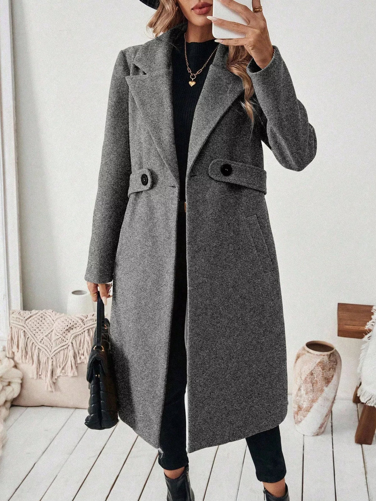 Lapel Collar Longline Coat - Dark Gray - View 4