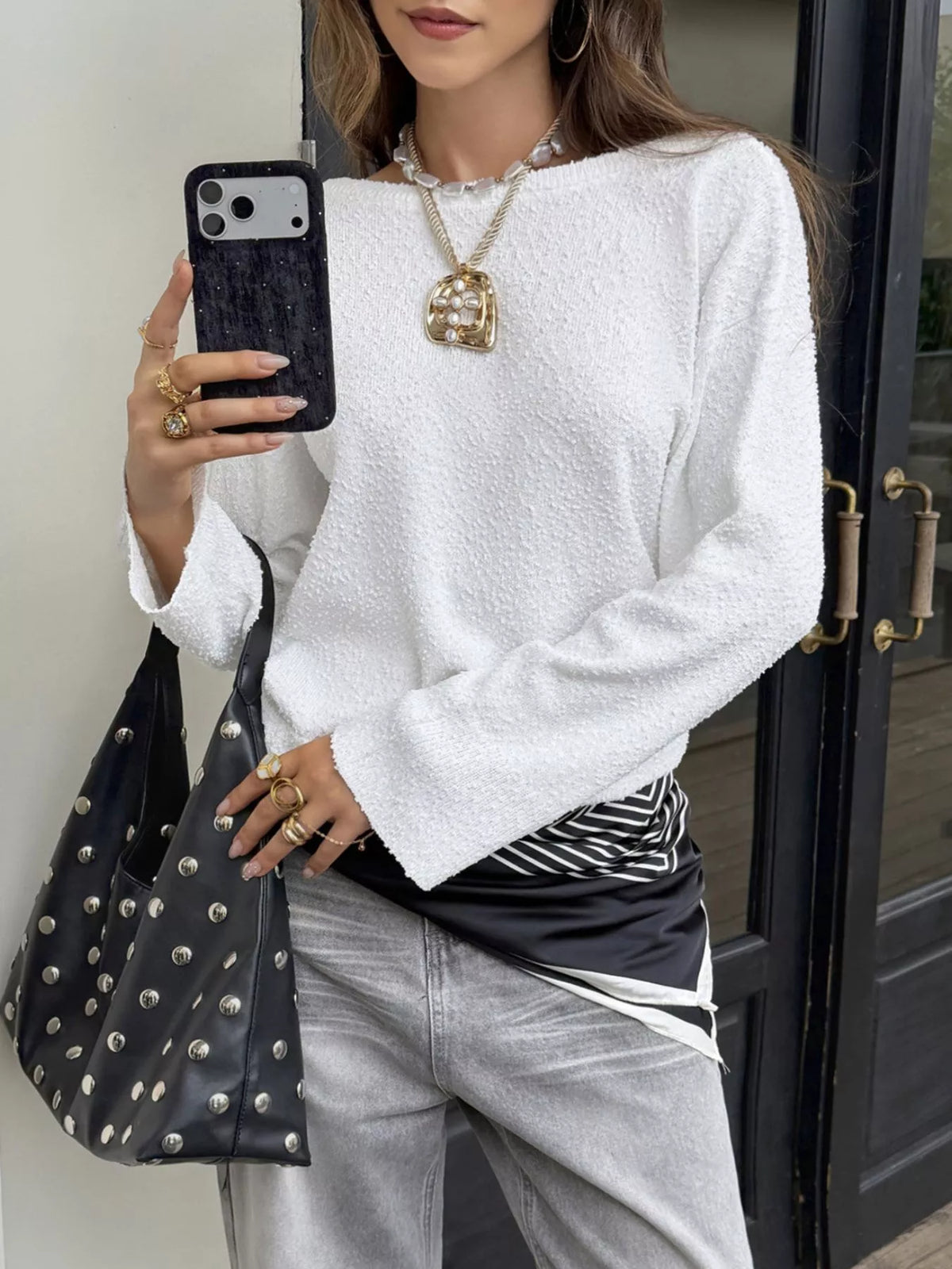 Boat Neck Dropped Shoulder Sweater - White - View 3