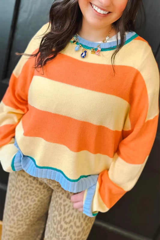 Plus Size Striped Color Block Round Neck Long Sleeve Oversized Sweater - Tangerine - View 2