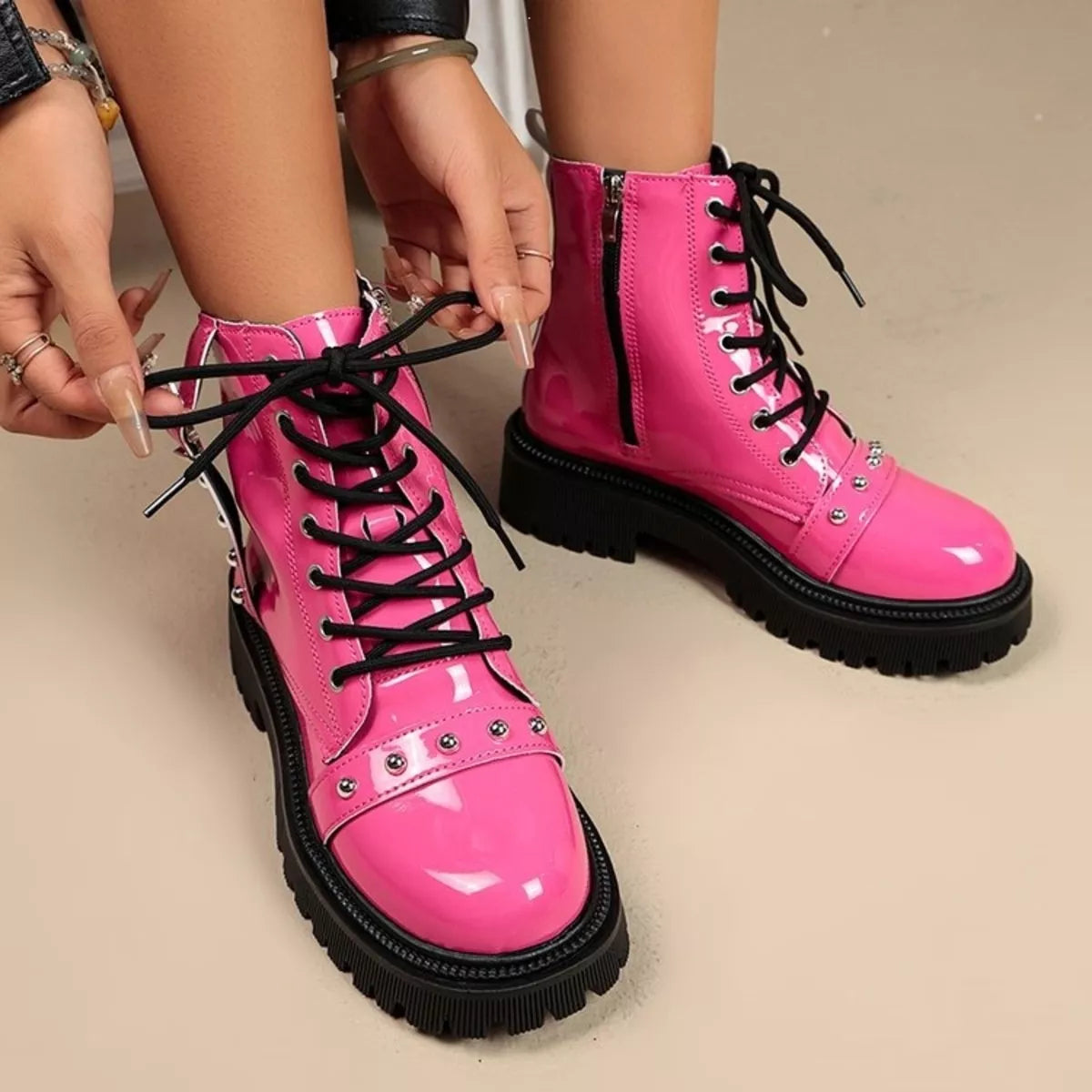 Round Toe Lace Up Boots - Fuchsia Pink - View 1