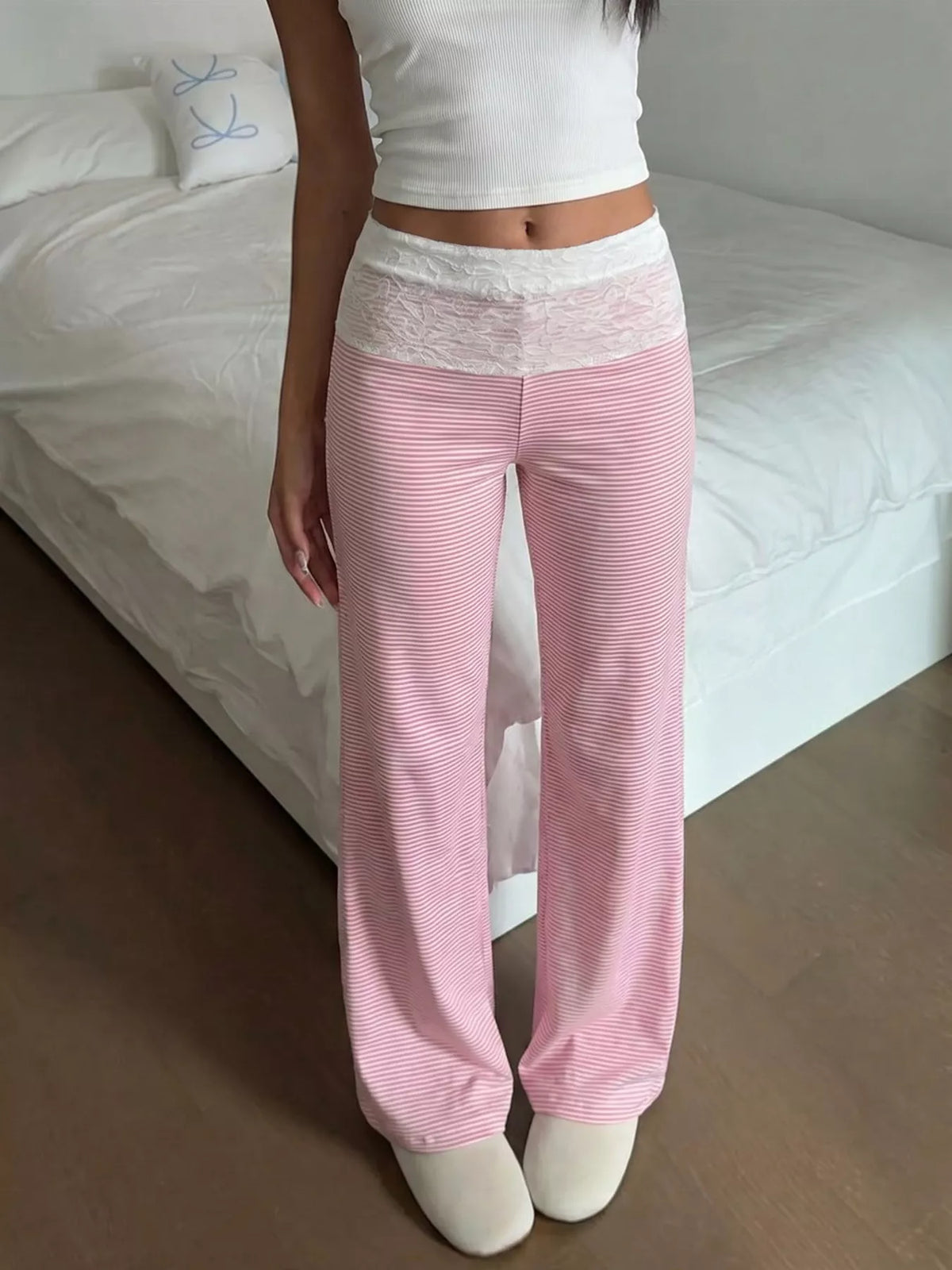 Lace Detail Striped Pants - Pink - View 1