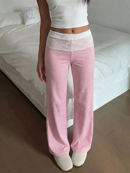 Lace Detail Striped Pants - Pink - View 1