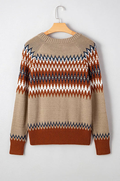 Geometric Pattern Long Sleeve Sweater - Taupe - View 9