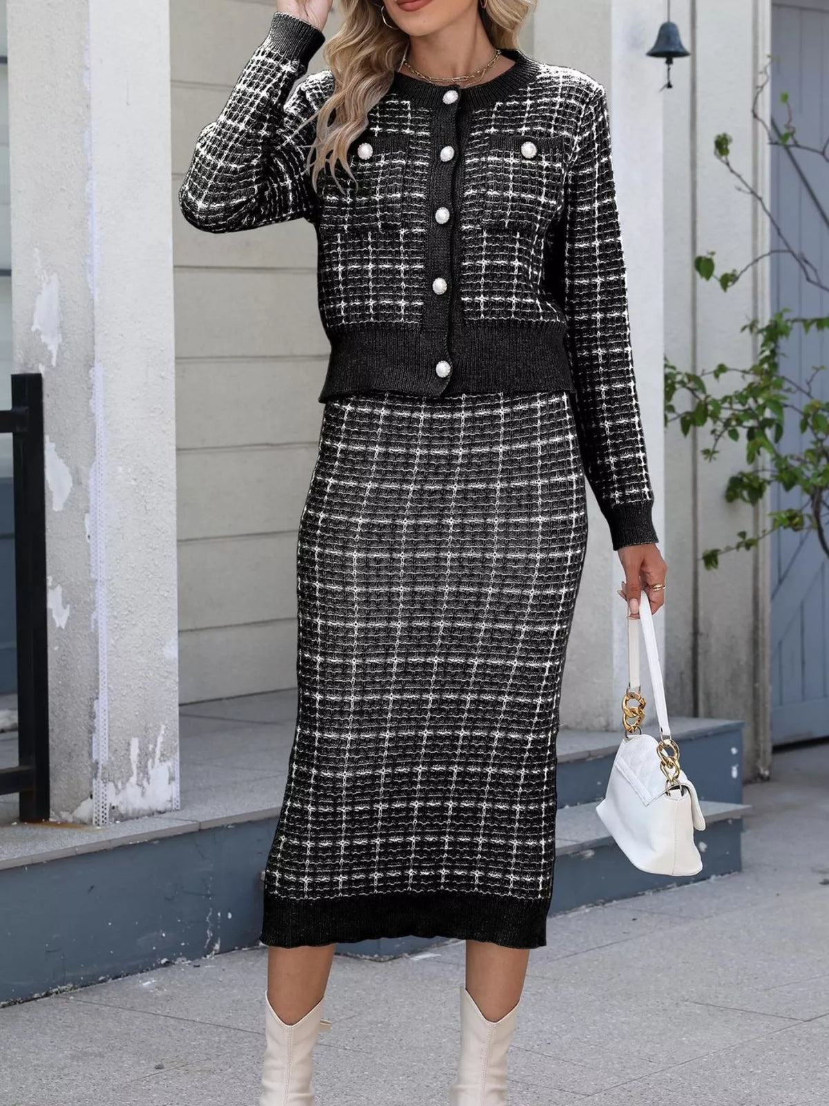 Plaid Knit Cardigan and Midi Skirt Sweater Set - Black - View 4