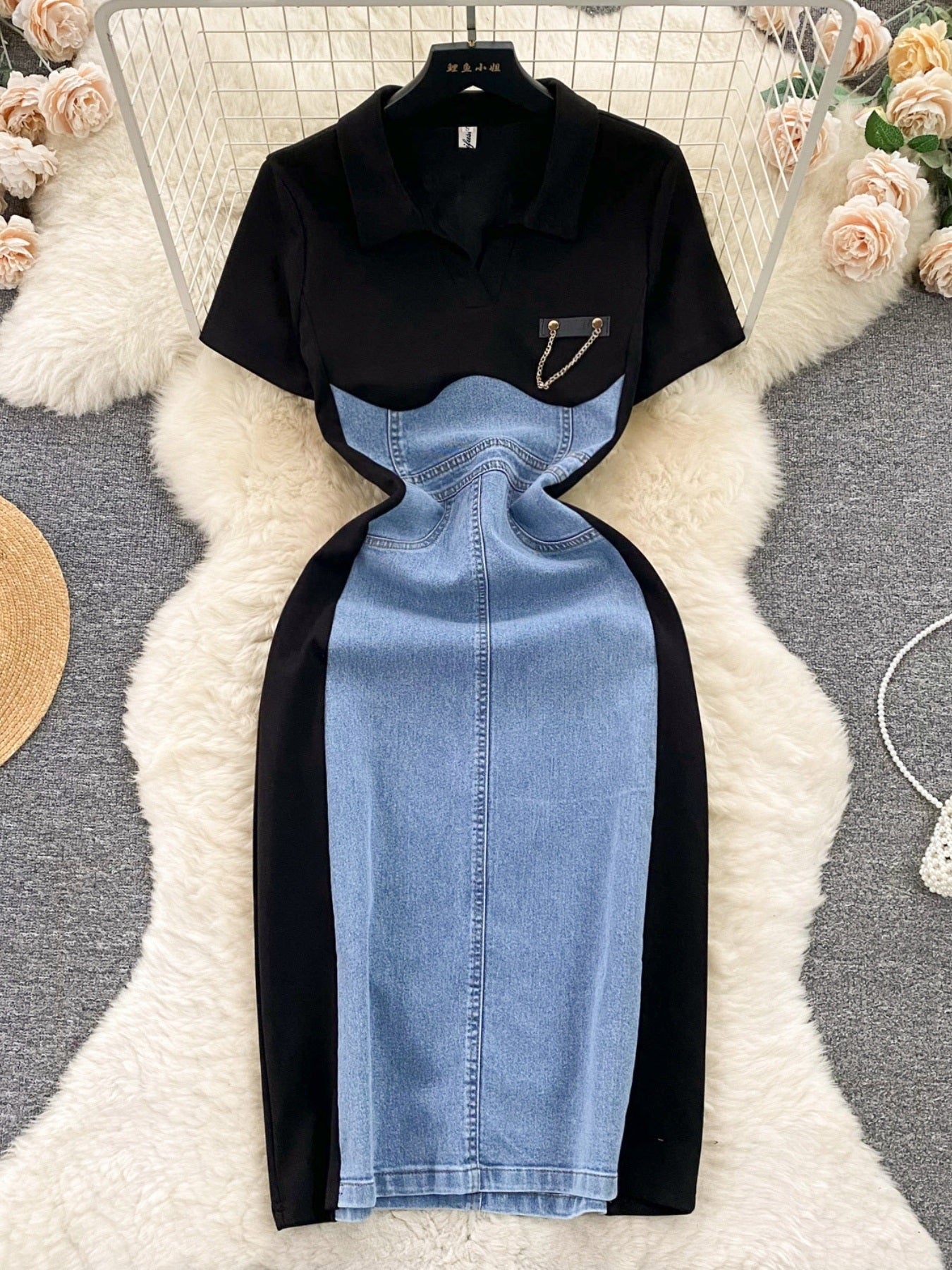 Full Size Color Block Denim Patchwork Bodycon Mini Dress Plus Size - Sky Blue - Front Flat Lay View