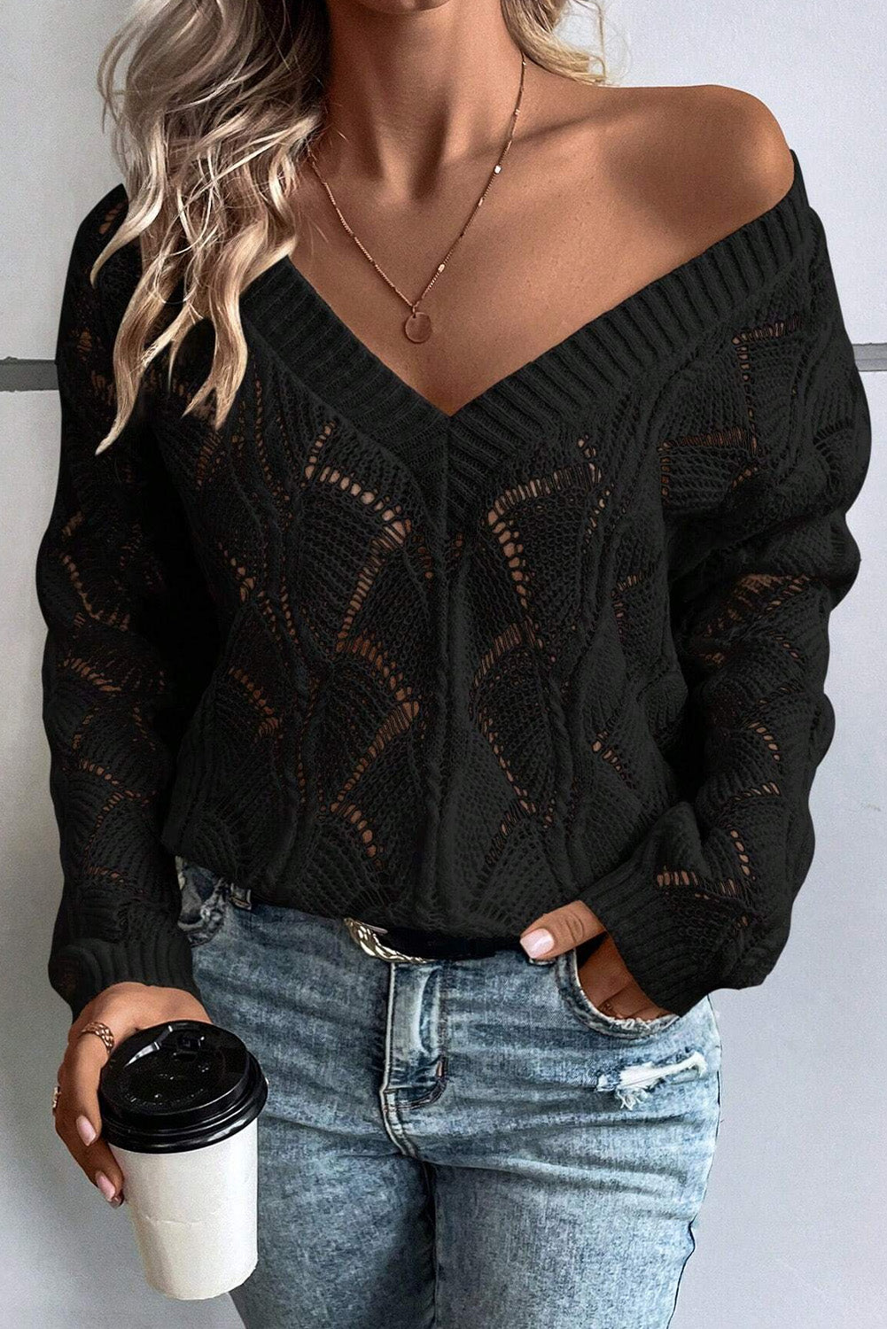 Beige Hollow Out Knit V Neck Drop Shoulder Sweater - Black - 7