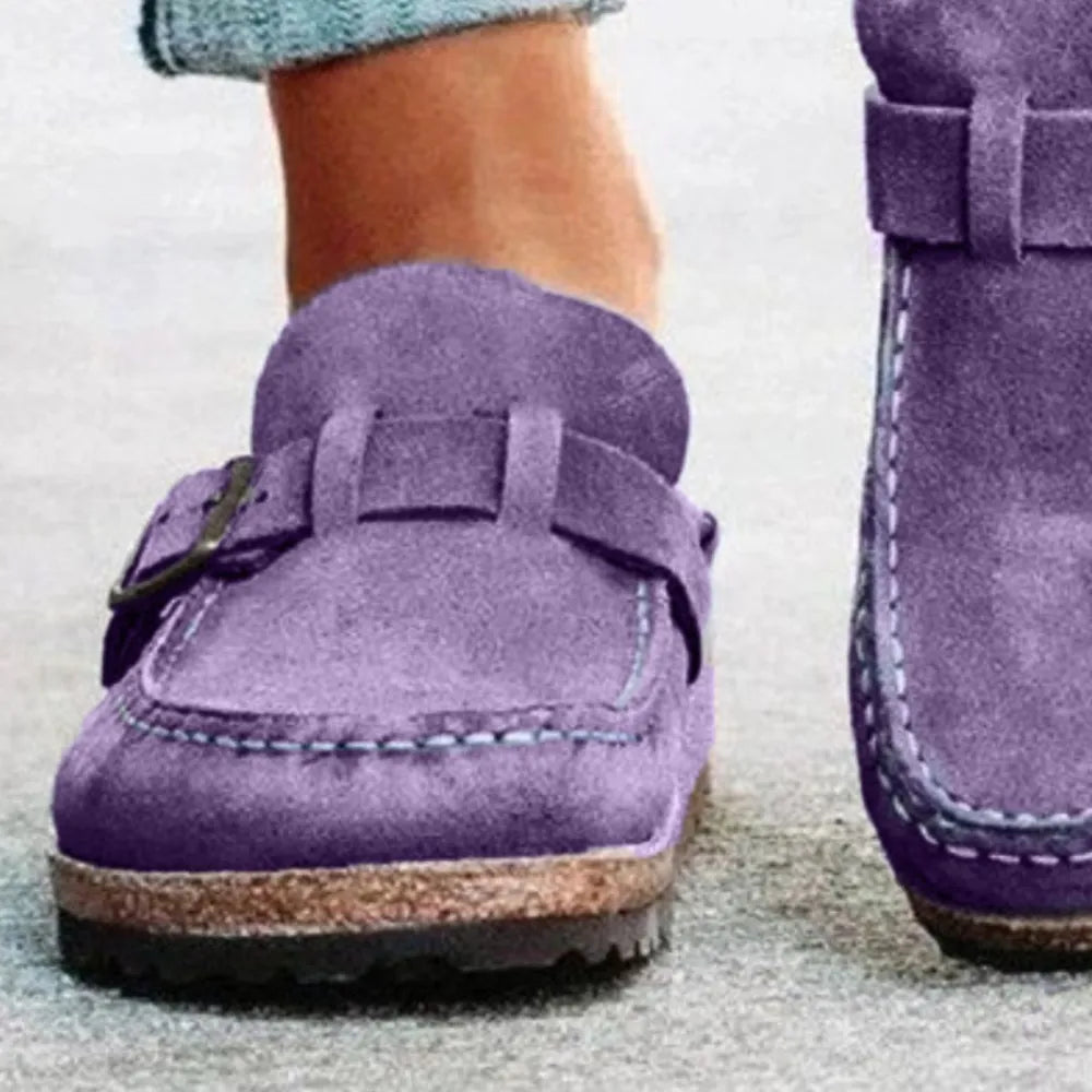 Round Toe Low Heel Buckle Loafers - Purple - View 6