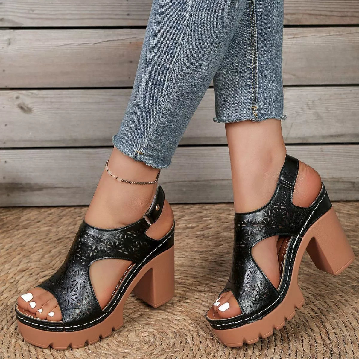 Open Toe Block Heels Sandals - Black - View 1