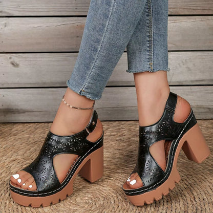 Open Toe Block Heels Sandals - Black - View 1
