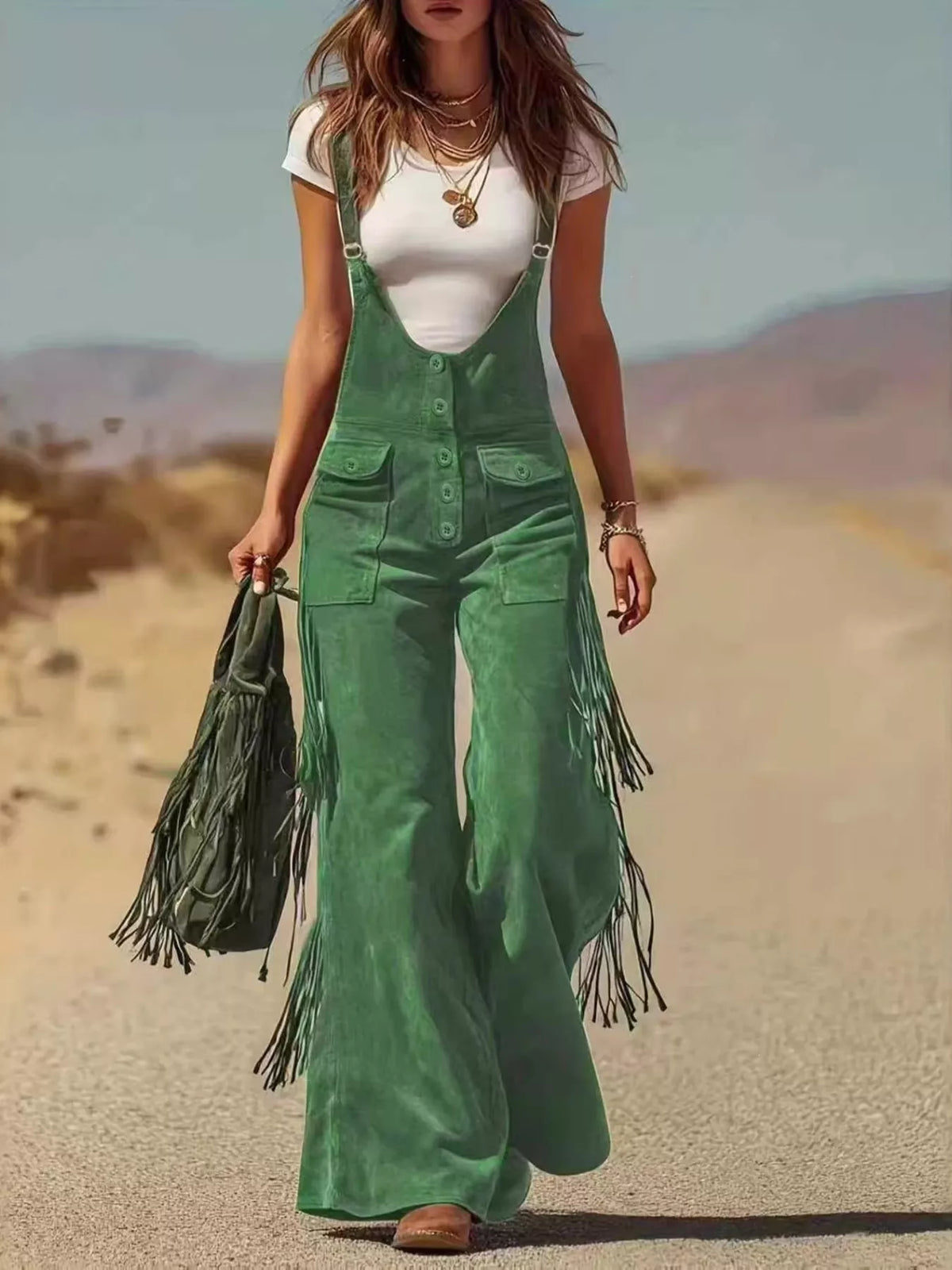Fringe Detail Flare Leg Overalls - Army Green - View 1