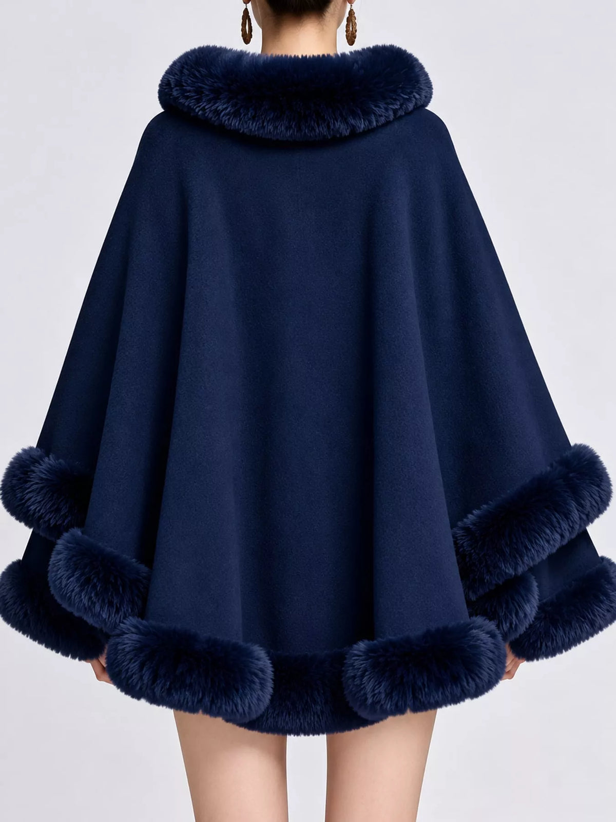 Faux Fur Trimmed Hooded Cape - Navy - View 61