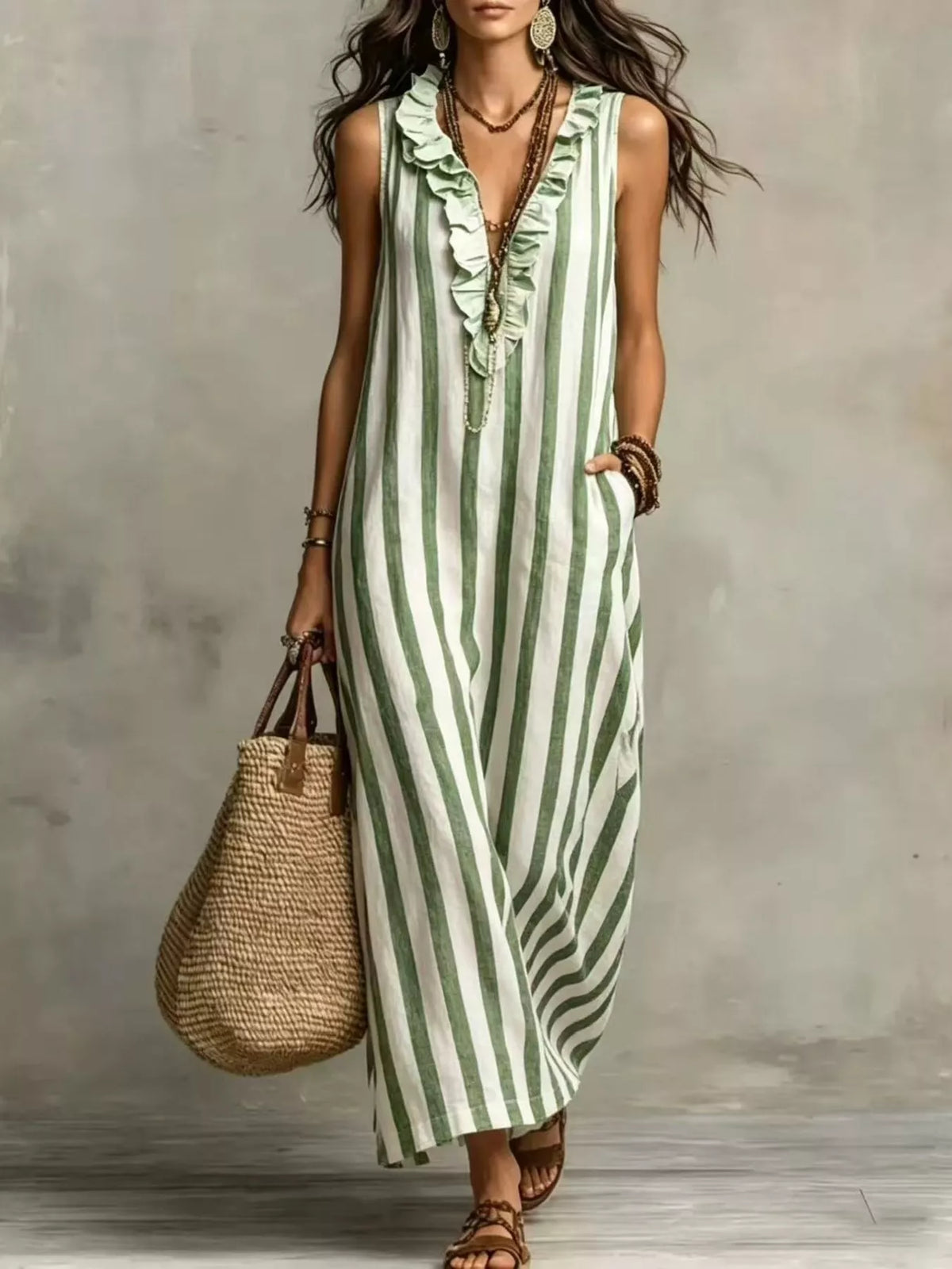 Full Size Sleeveless Striped Ruffle V-Neck Maxi Dress Plus Size - Green - View 1