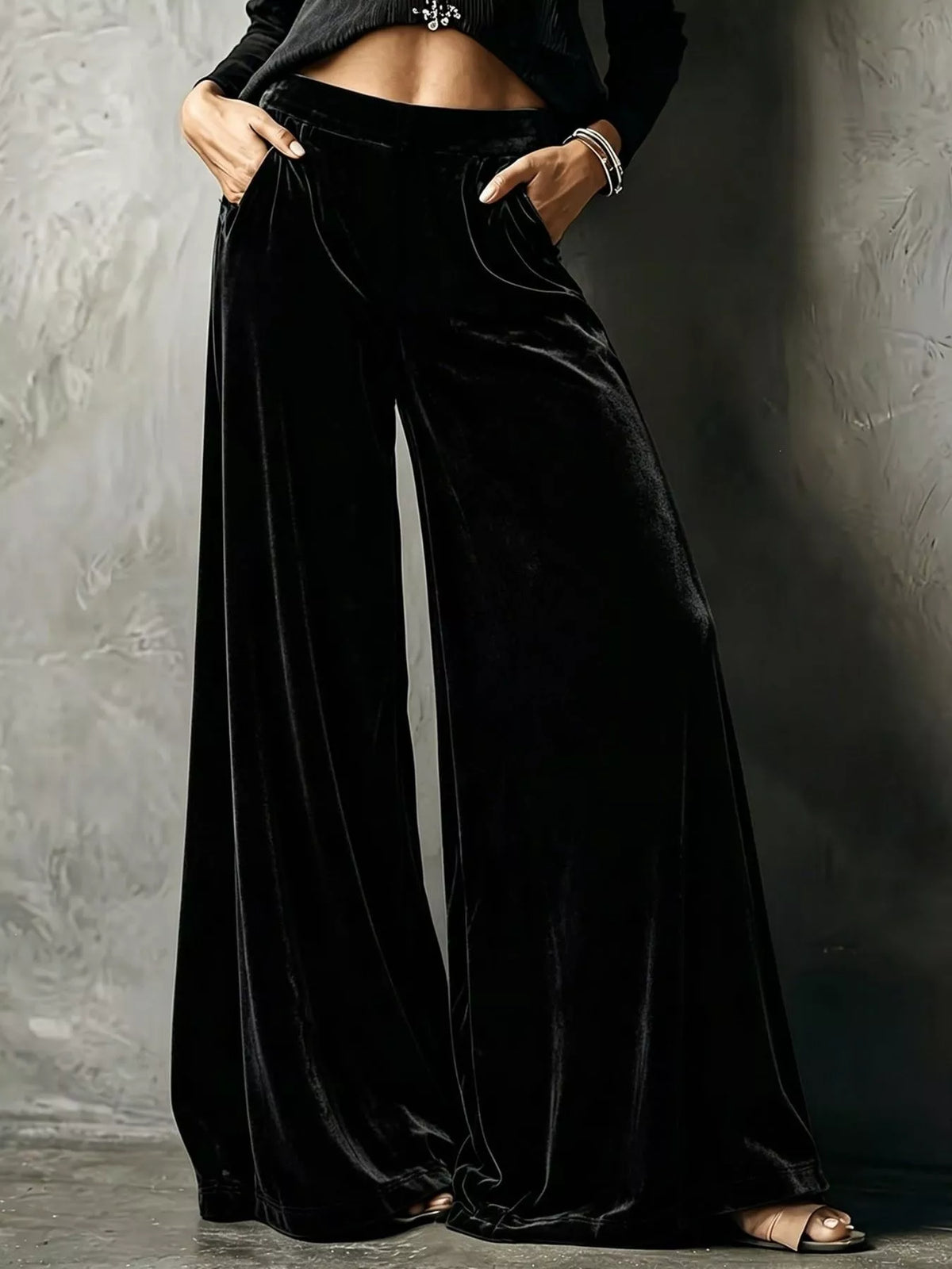 Full Size High-Waisted Wide-Leg Velvet Pants Plus Size - Black - View 1