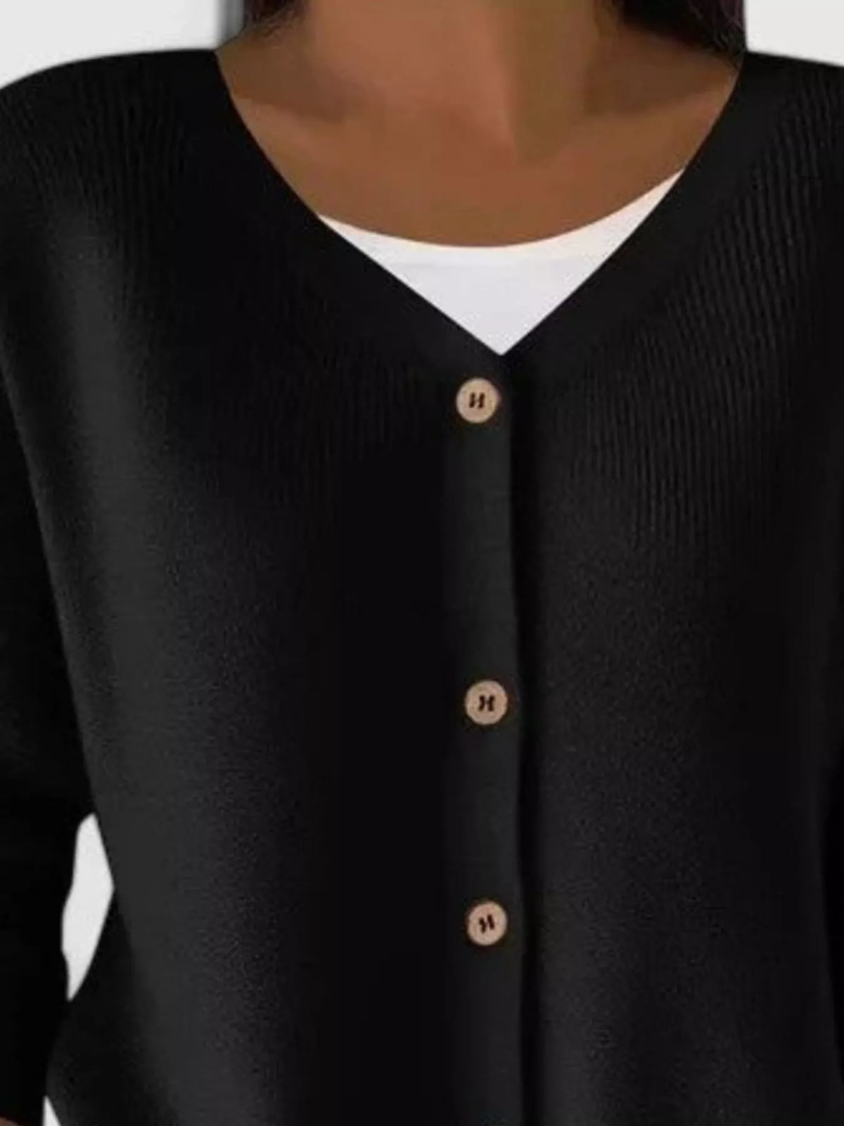V-Neck Button-Down Ribbed Knit Cardigan - Black - View 2