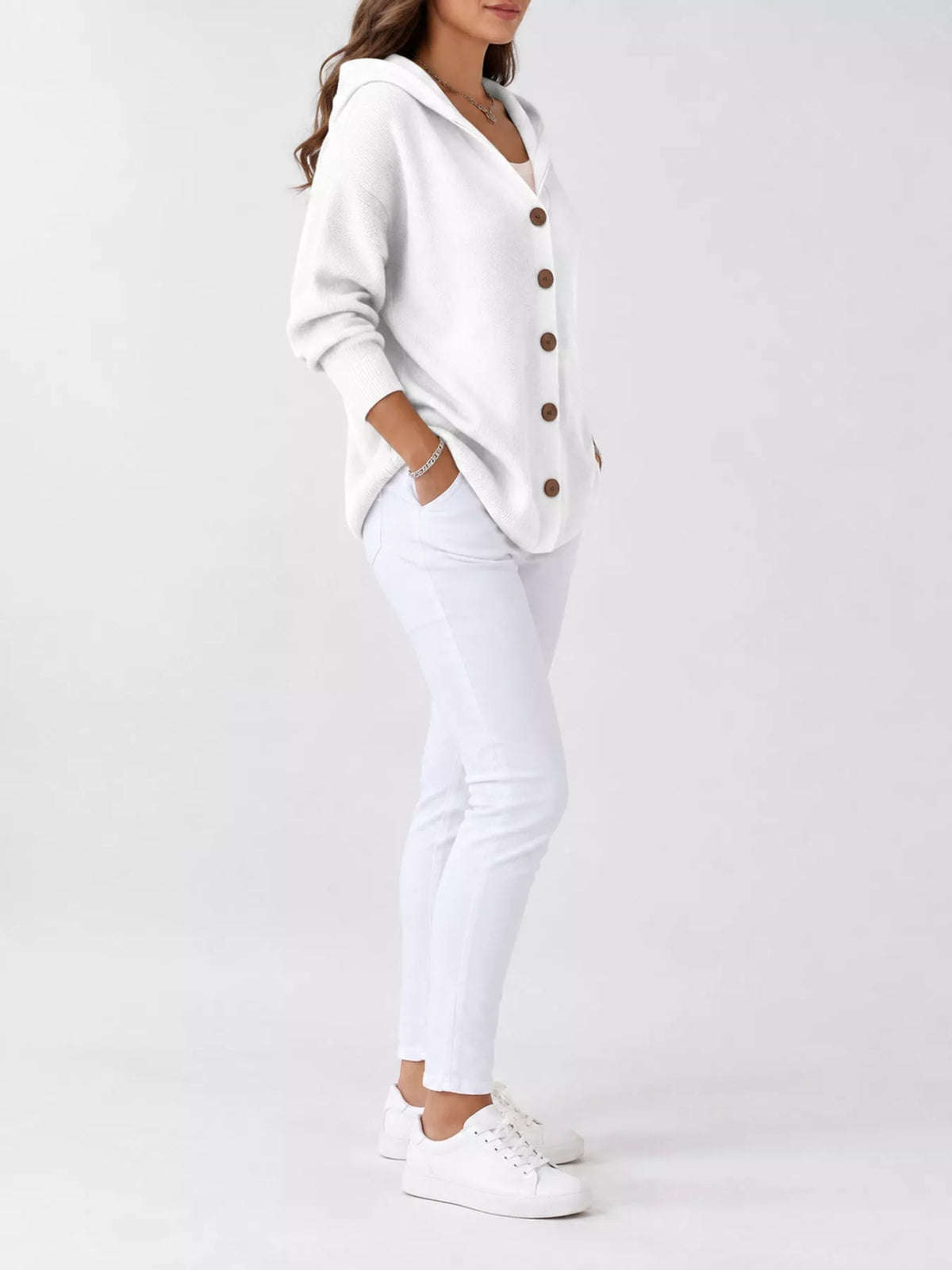 Full Size Hooded Button-Down Knit Cardigan Plus Size - White - View 38