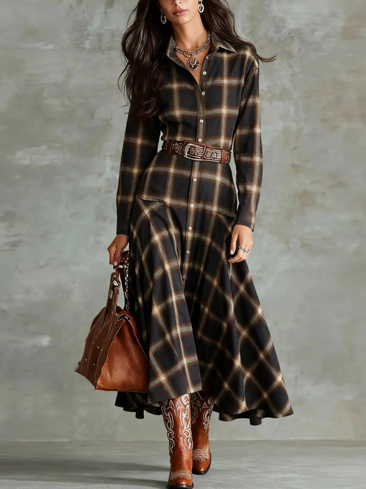 Plaid Button-Down Shirt Dress - Black - View 1