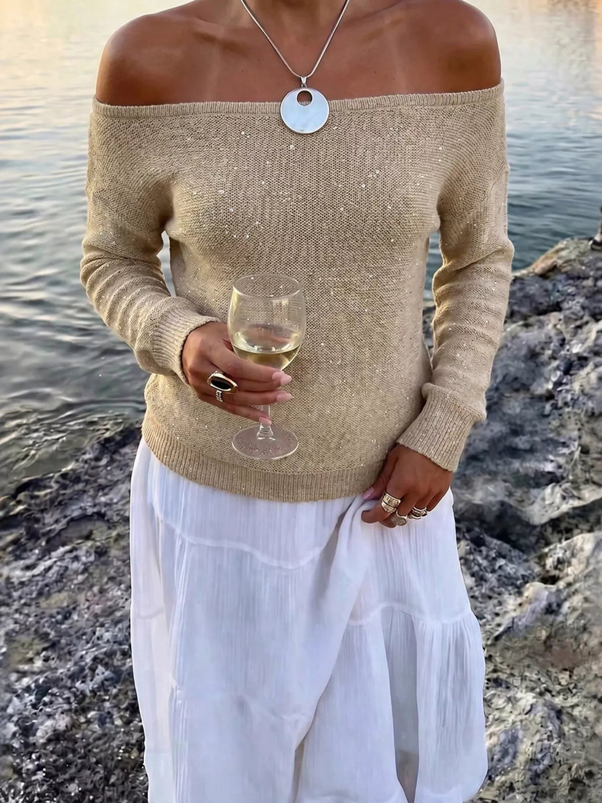 Sequin Off-Shoulder Sweater - Khaki Color - View 5