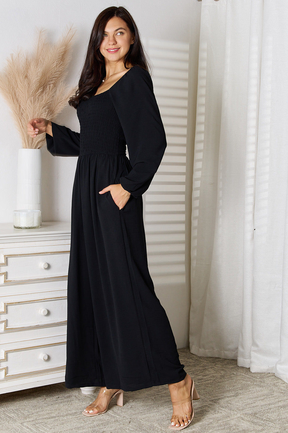 Double Take Square Neck Jumpsuit with Pockets - Black - View 6