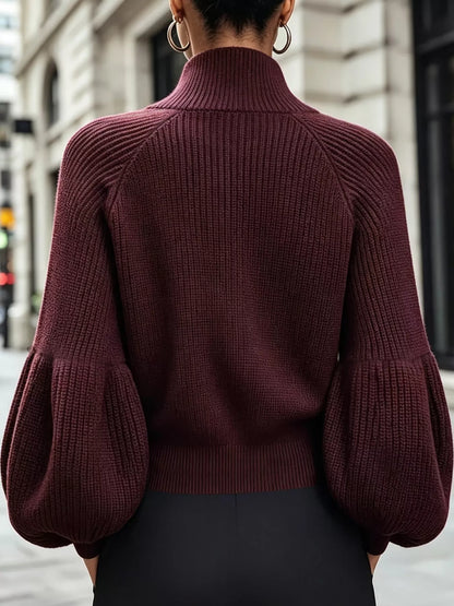 Ribbed Knit Zip-Up Cardigan with Lantern Sleeves - Dark Burgundy - View 3