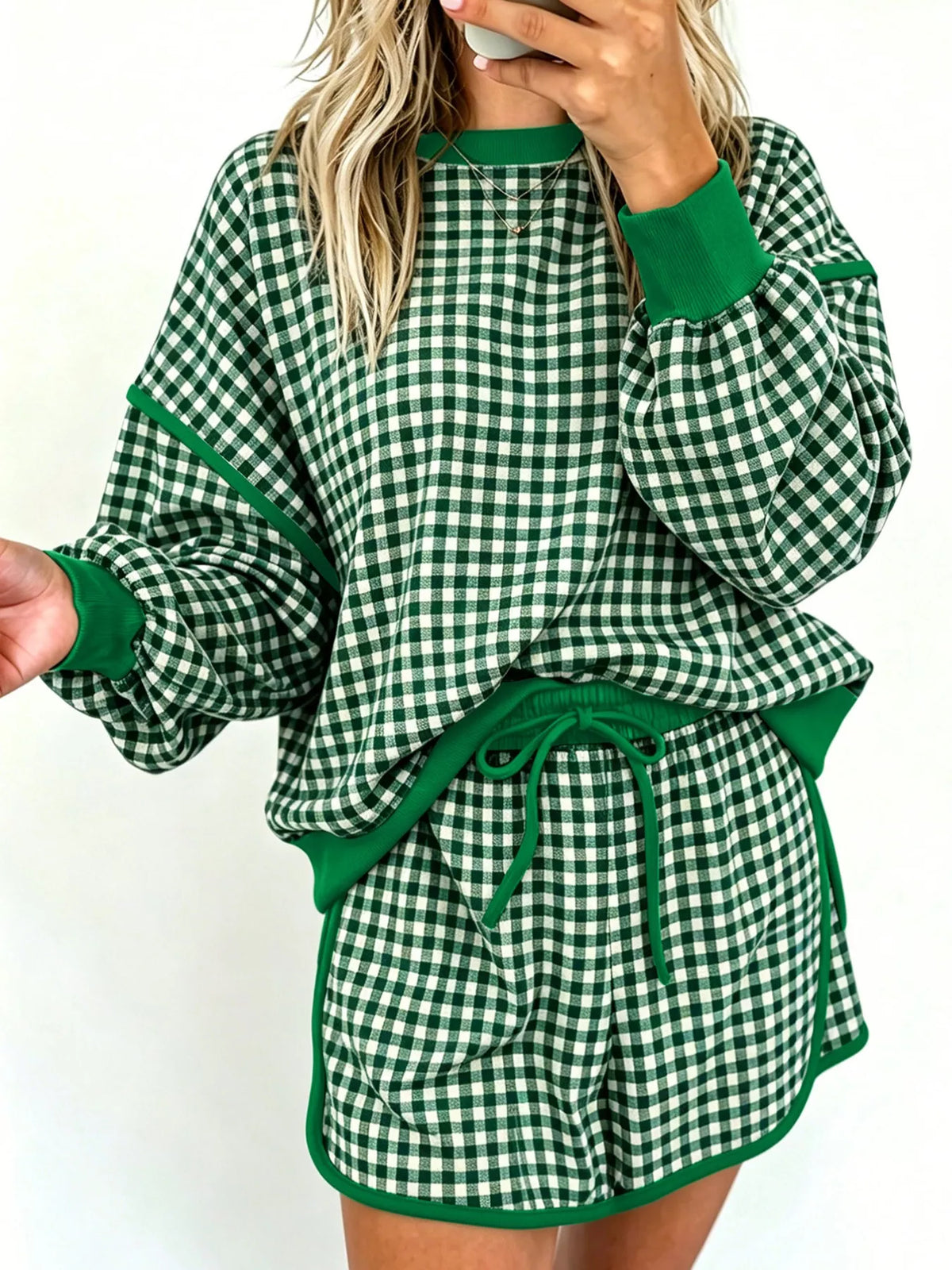 Gingham Long Sleeve Sweatshirt and Shorts Set - Moss - View 1
