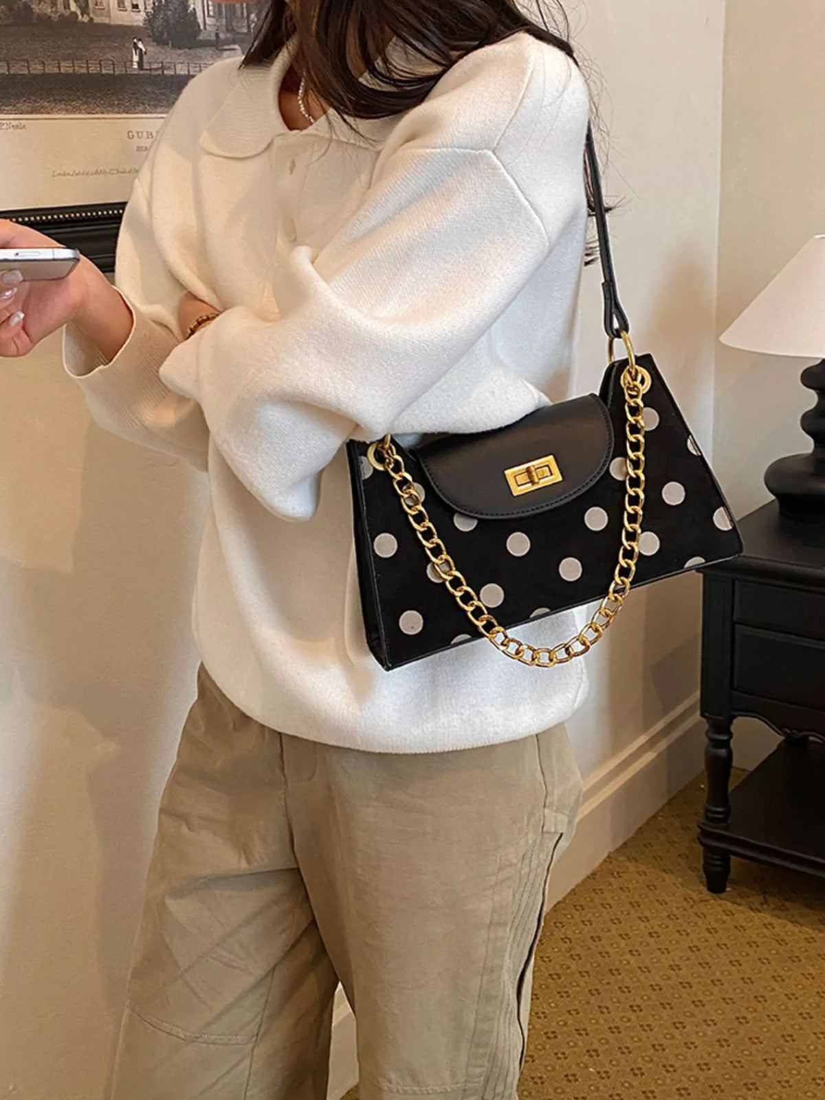 Polka Dot Shoulder Bag - Black - View 4