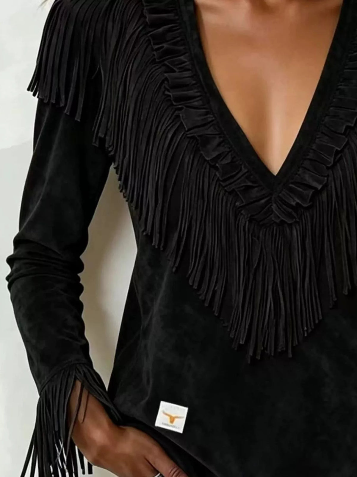 Fringed V-Neck Blouse - Black - View 3
