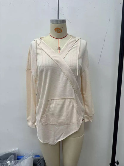 Drawstring Waffle Knit Hoodie - Beige - View 2