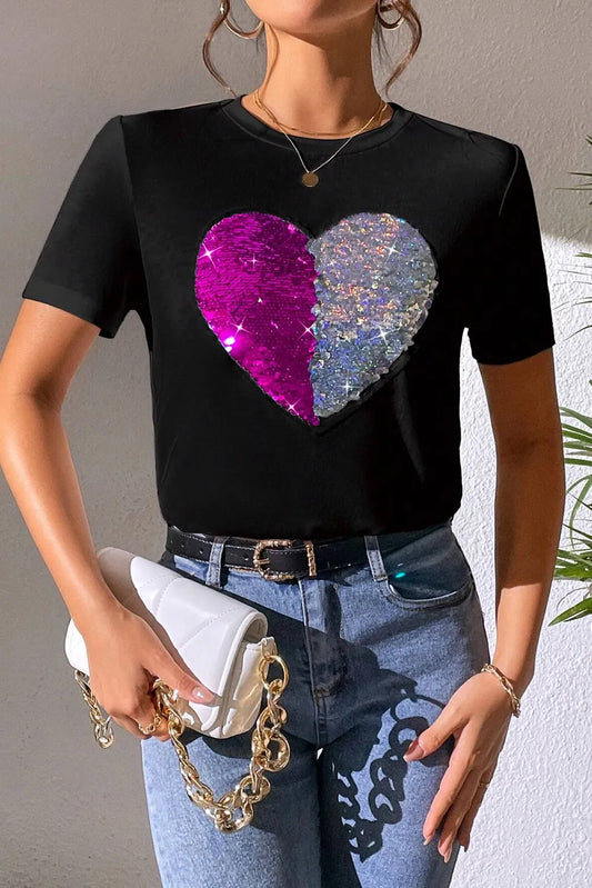 Heart Sequin Round Neck Short Sleeve T-Shirt - product photo 1