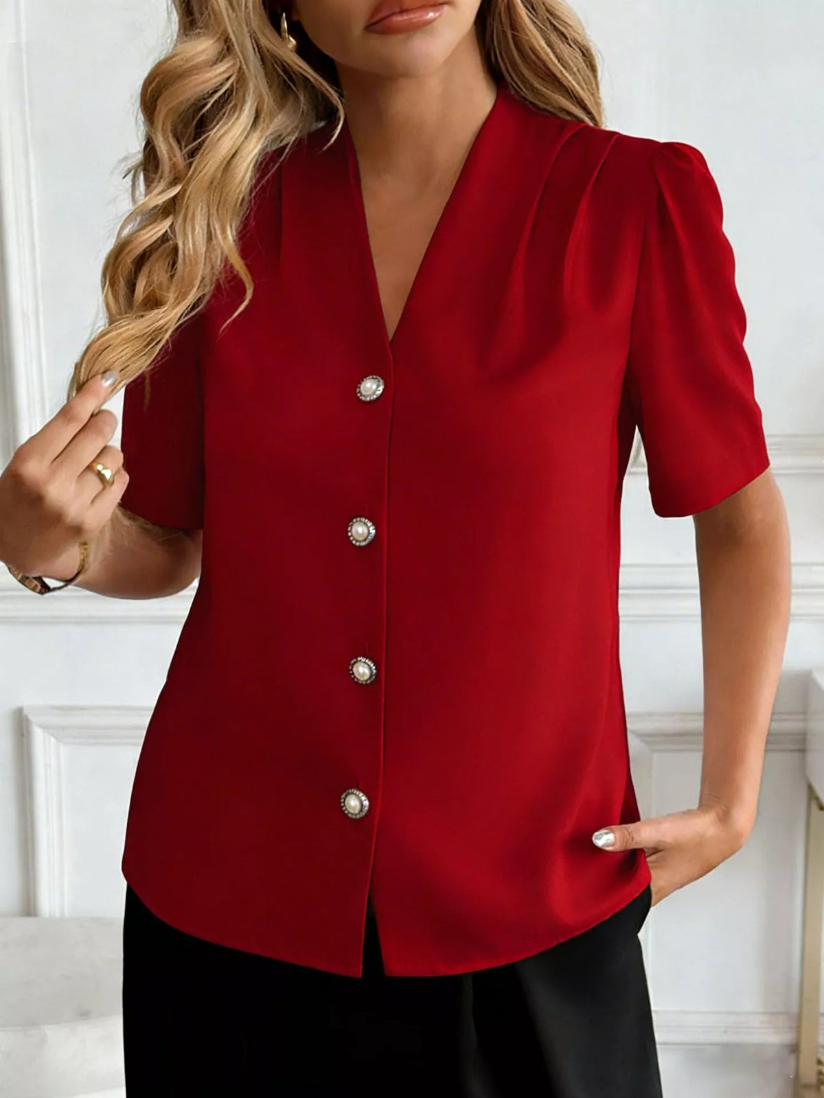 V-Neck Button-Down Shirt - Burgundy - View 19