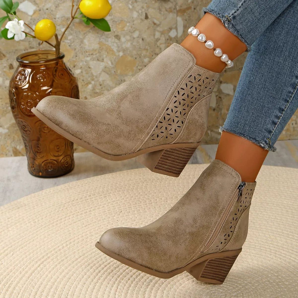 Point Toe Block Heels Boots - Khaki - View 21