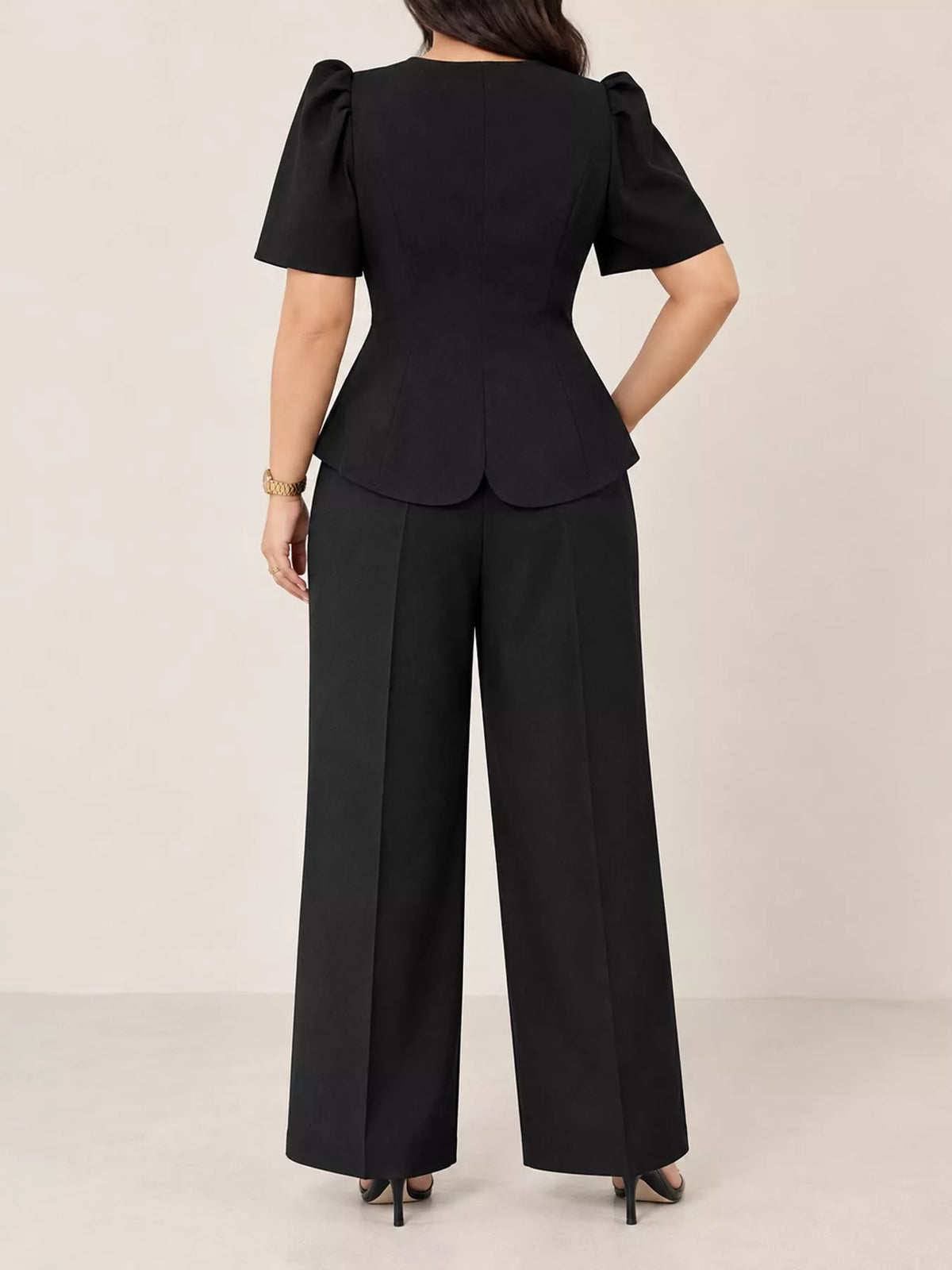 Plus Size Peplum Top and Wide-Leg Pants Two-Piece Set - Black - View 6