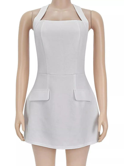 Halter Neck Mini Dress with Flap Pocket Detail - White - View 3
