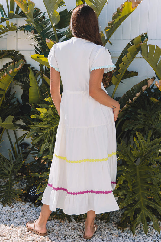 White Colorblock Rickrack Drawstring Maxi Dress - White - 2