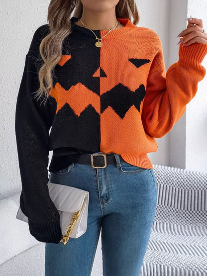 Pumpkin Face Graphic Two Tone Sweater - Orange - View 3