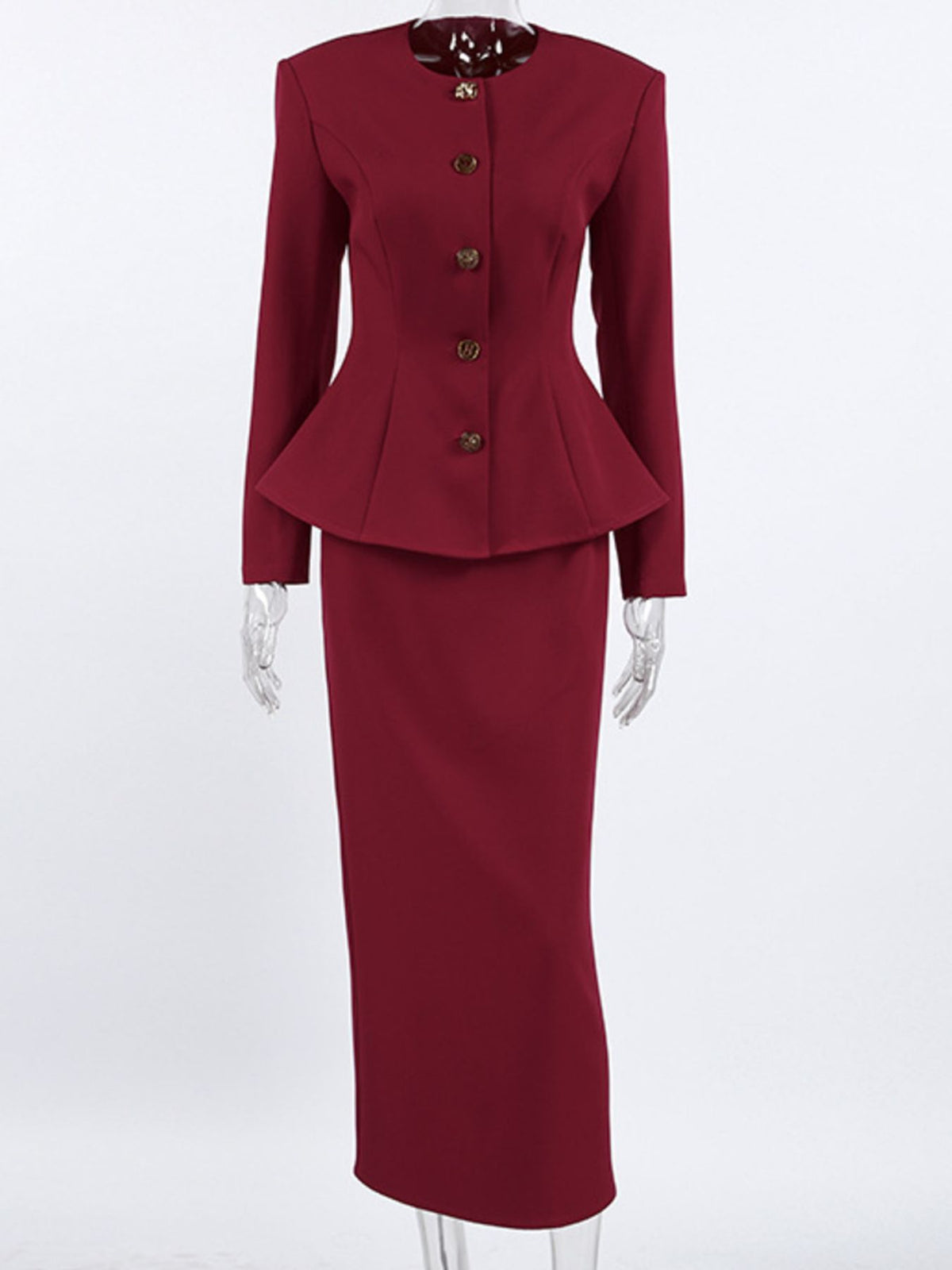 Button Up Peplum Blazer & Skirt Set - Burgundy - View 7