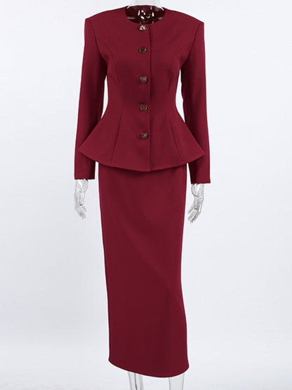 Button Up Peplum Blazer & Skirt Set - Burgundy - View 7