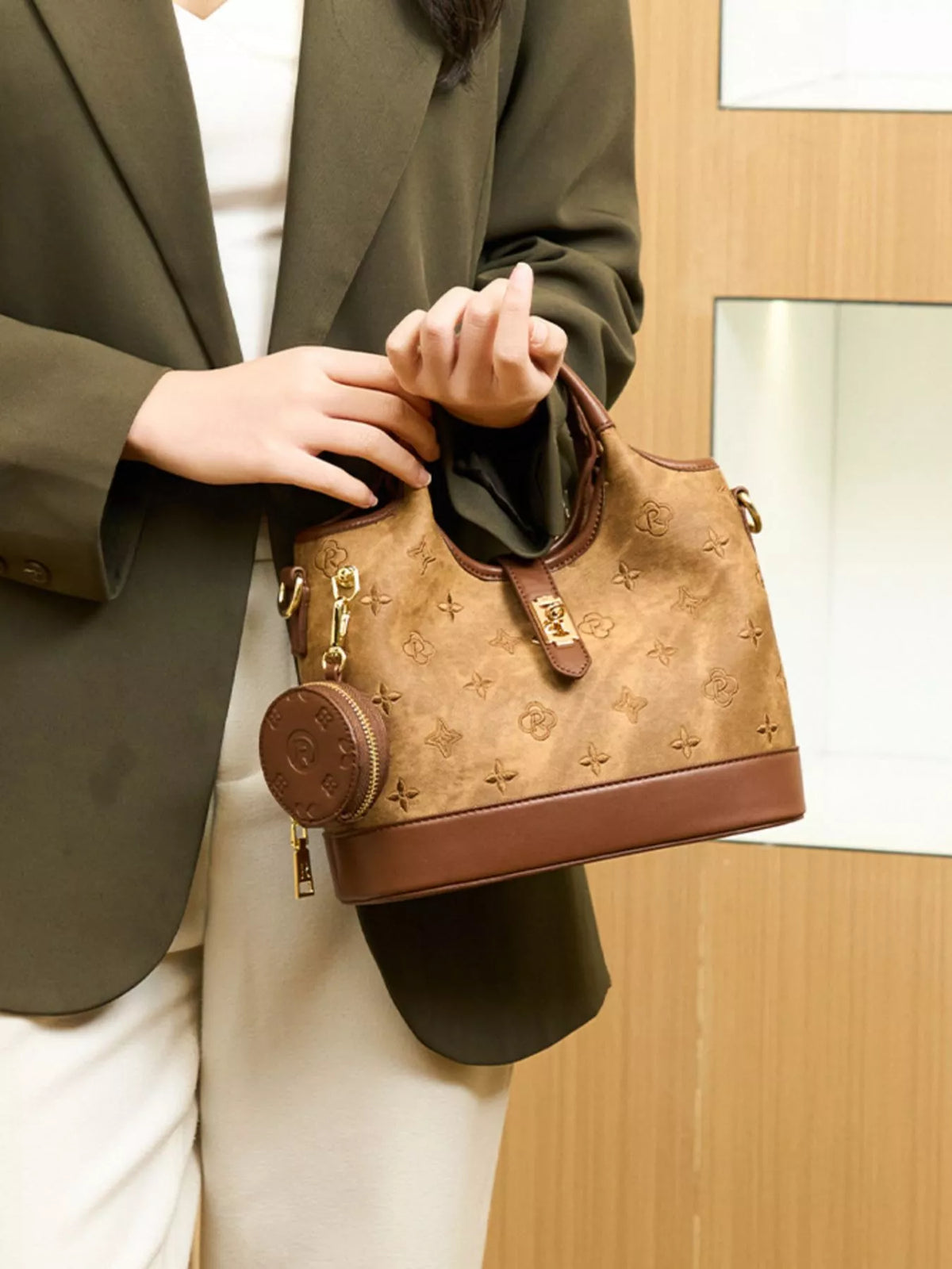 Embossed Crossbody Bag with Detachable Coin Pouch - Brown - View 8