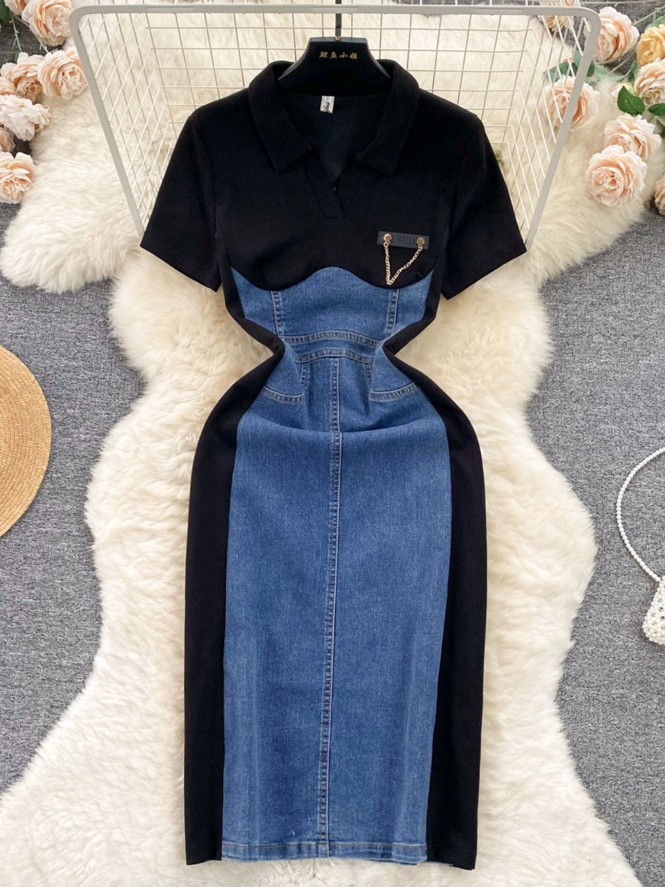 Full Size Color Block Denim Patchwork Bodycon Mini Dress Plus Size - Dark Blue - Front Flat Lay View