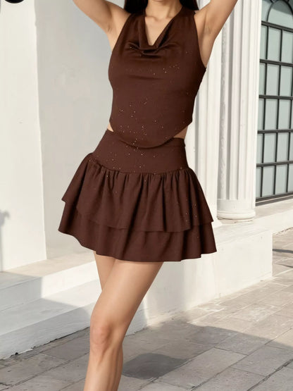 Halter Neck Crop Top and Layered Ruffle Mini Skirt Set - Coffee Brown - View 3