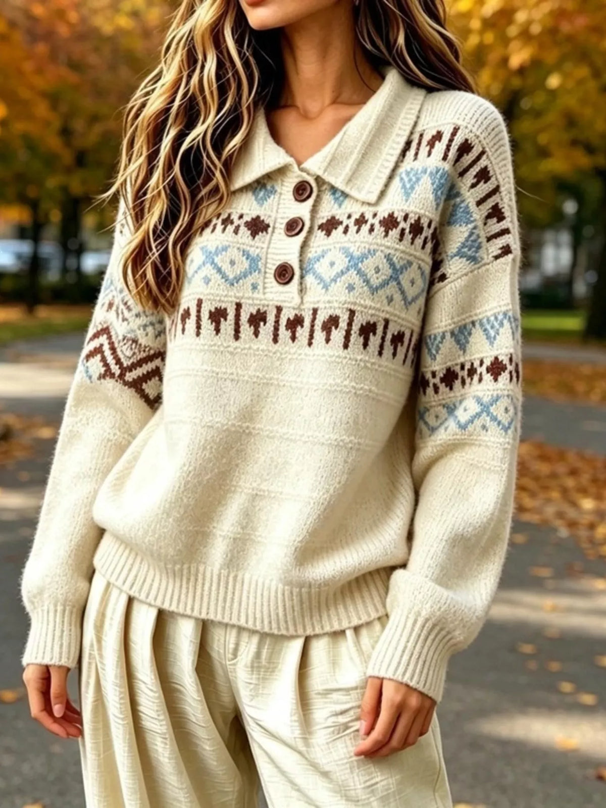 Full Size Vintage Fair Isle Pattern Polo Collar Sweater Plus Size - Beige - View 2