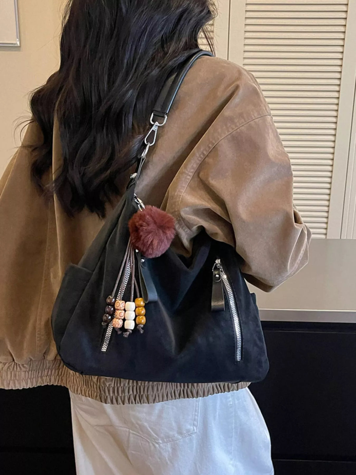 Decorative Pom-Pom and Bead Charm Shoulder Bag - Black - View 7