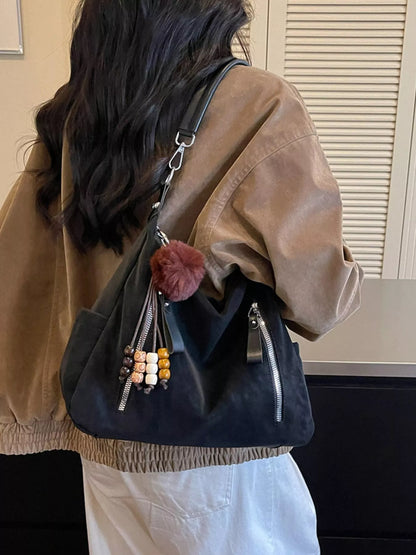 Decorative Pom-Pom and Bead Charm Shoulder Bag - Black - View 7