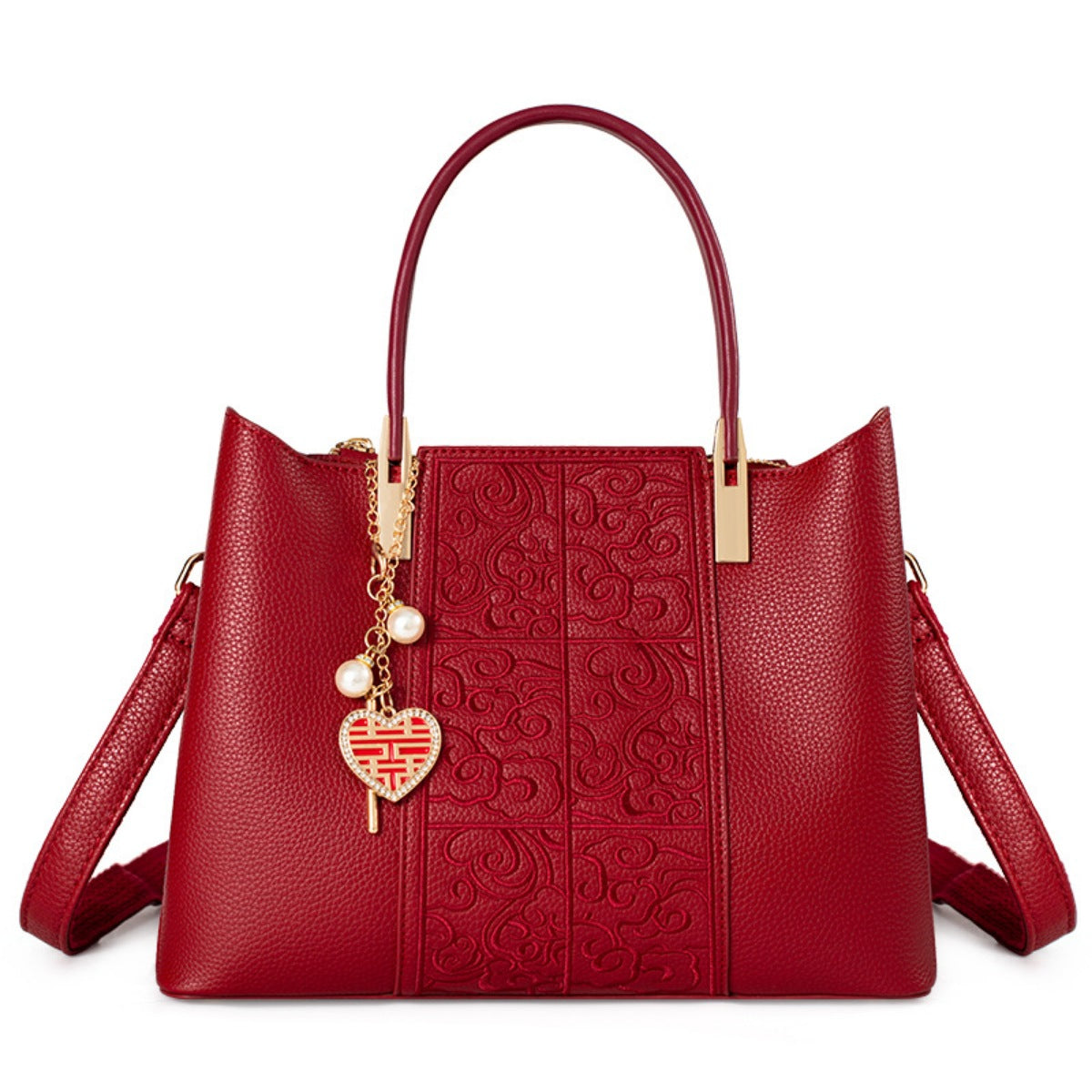 Embossed Leather Top Handle Handbag - Red - View 5