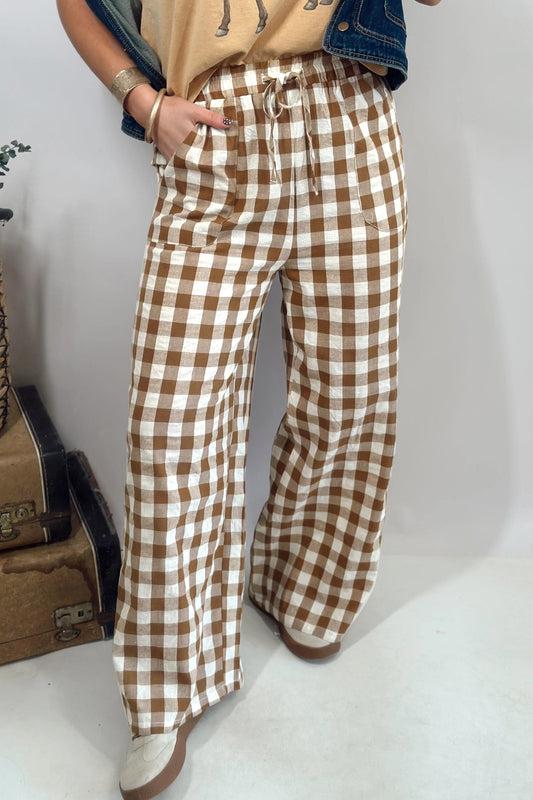 Brown Gingham Plaid Tie Elastic Waist Shift Pants - Brown - 2