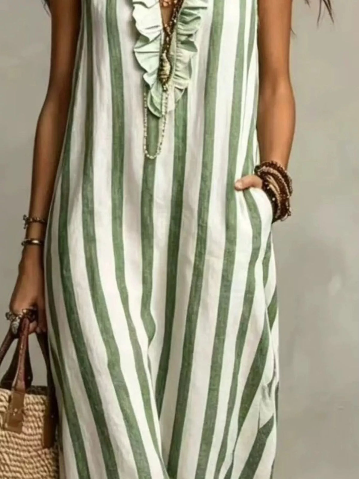 Full Size Sleeveless Striped Ruffle V-Neck Maxi Dress Plus Size - Green - View 2