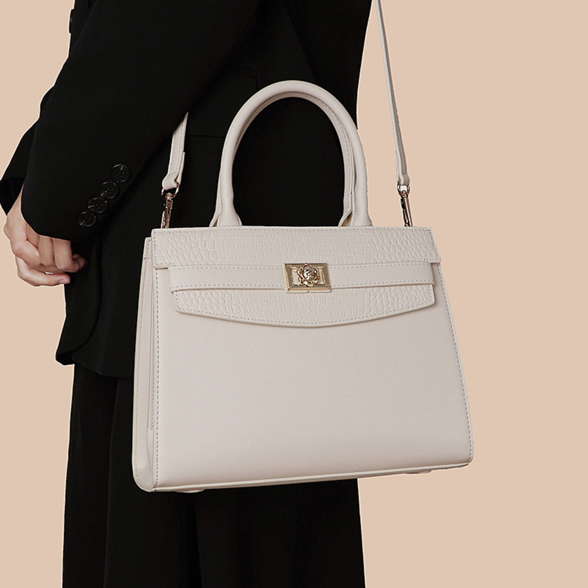 Top Handle Leather Handbag - Ivory - View 2