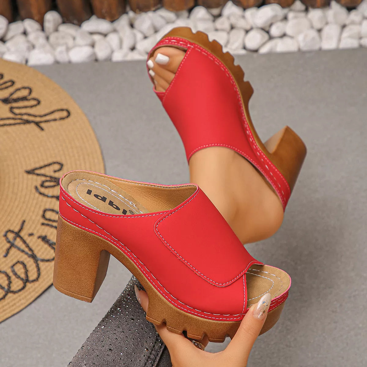 Open Toe Block Heels Sandals - Red - View 8