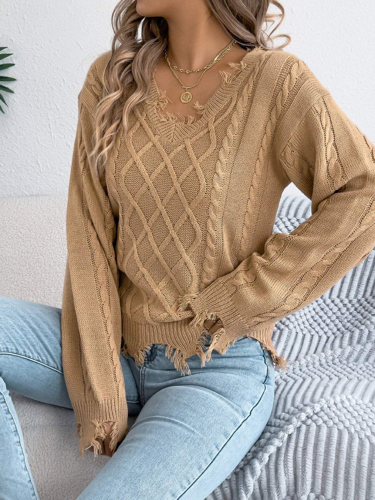 V-Neck Distressed Hem Cable Knit Sweater - Camel - View 1